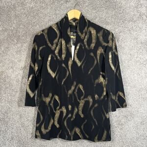 Grace Elements Womens Small Black Print V-Neck 3/4 Sleeve Pullover Top Blouse